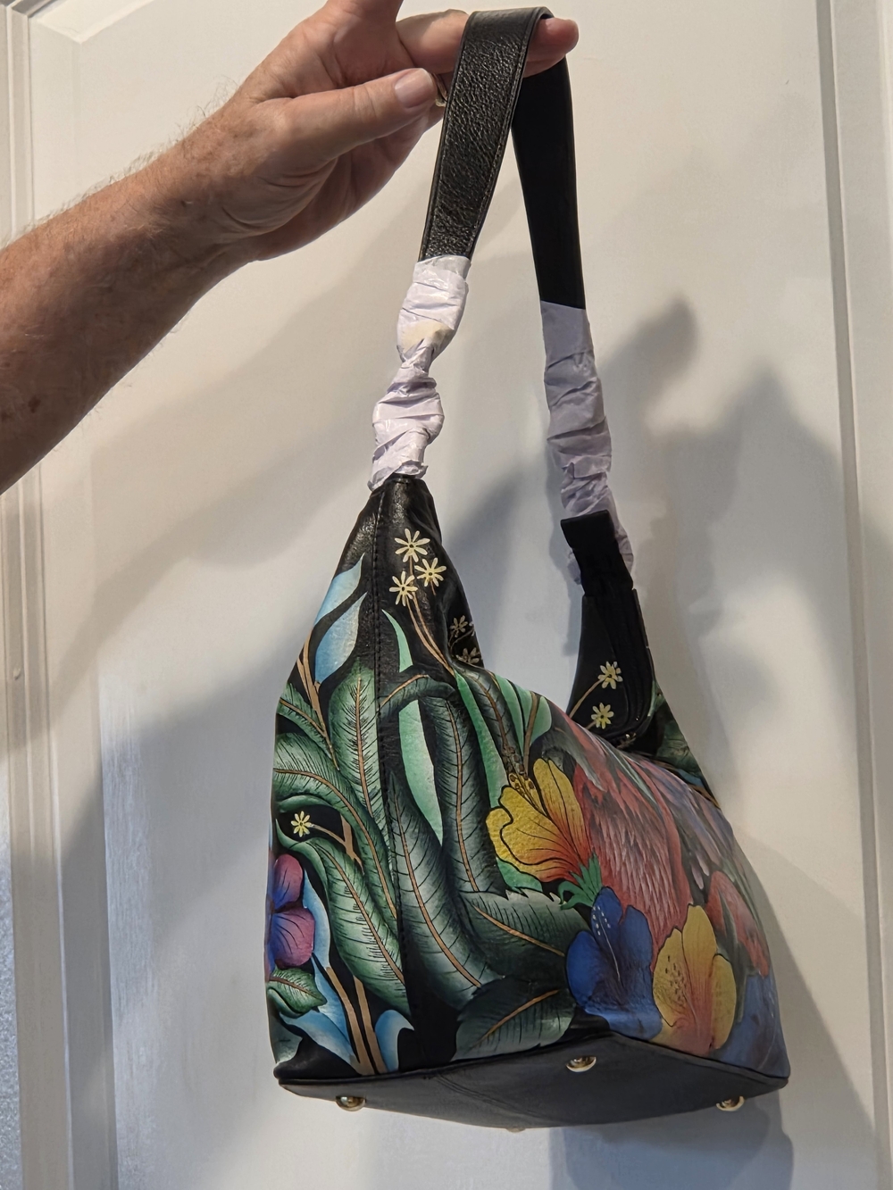 Anuschka Hand Painted Leather Satchel Shoulder Bag Flamingo - Picture 4 of 8